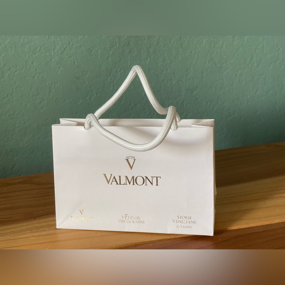 Valmont small  White Paper shopping bag Gold Logo 6x4x2”
